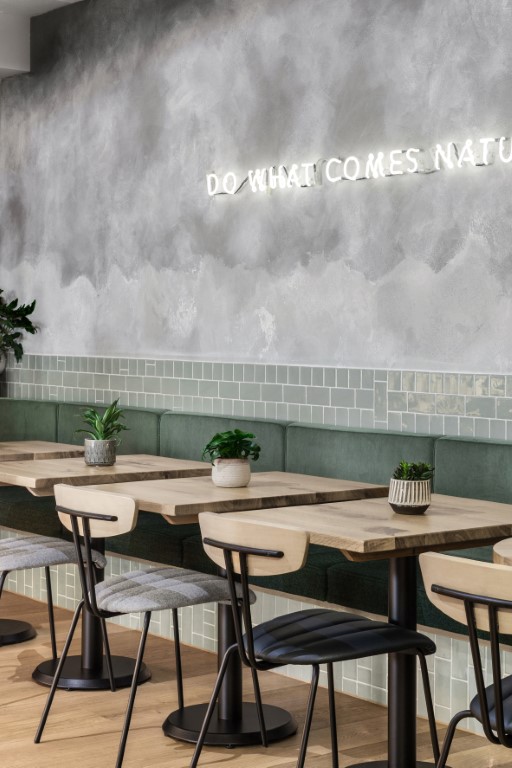 restaurant with concrete walls